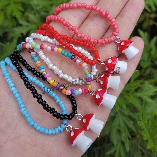 

cute handmade colorful beads chain mushroom pendant necklace for women girls chokers accessories fashion new year jewelry gifts, Silver