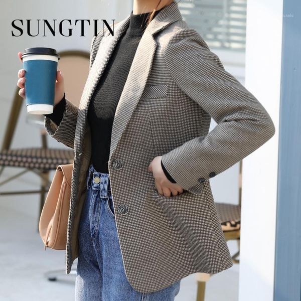 

sungtin korean plaid woolen blazer jackets women office lady loose work suit coat vintage elegant outwear chic spring women's suits & b, White;black