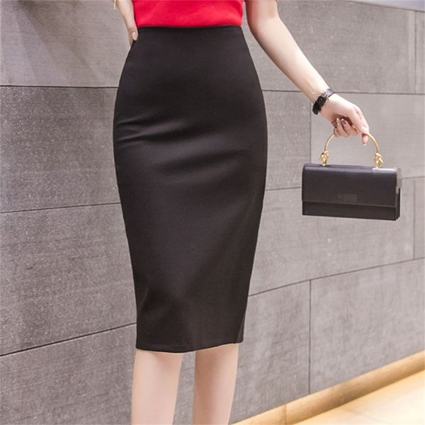 

elegant high waist skirts workwear plus size midi skirt slit black red elastic office lady bodycon pencil womens 4xl 5xl 210629