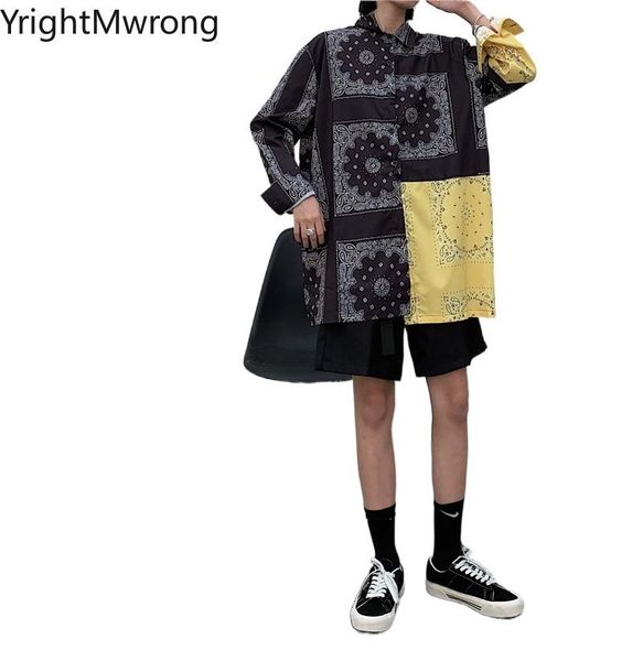 

long sleeve colorblock contrast patchwork bandana button up shirt blouse fashion woman man streetwear harajuku hip hop loose men's casu, White;black