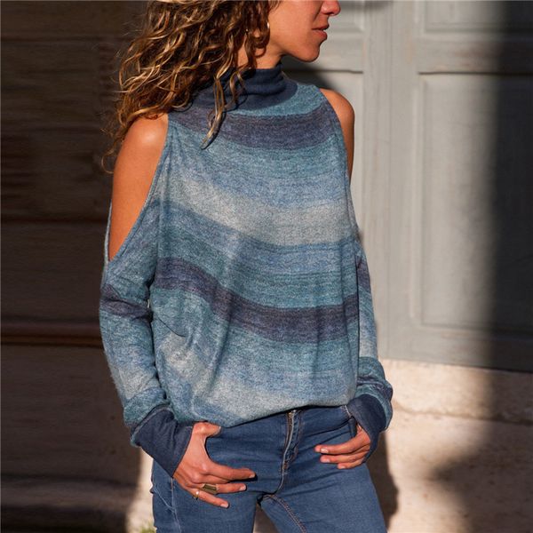 

women blouses long sleeve knitted shirt striped cold shoulder blouse casual loose tunic pullover jumper blusa 210508, White