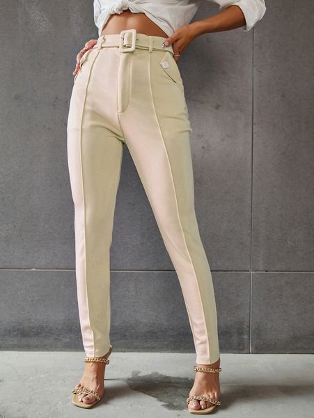 

sxy high waist seam detail belted skinny pants p69w#, Black;white