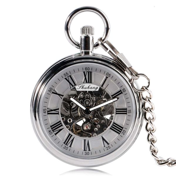 

Luxury Automatic Mechanical Self Wind Skeleton Gear Black Roman Numbers Open Face Fob Gift for Pocket Watch, Slivery;golden