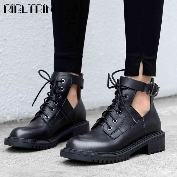

boots female solid fashion brand shoes brogue round toe lace square heel ankle women casual daily boots, Black