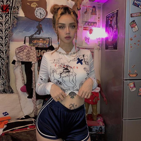 

women's t-shirt turtleneck print female short t-shirts long sleeve with women casual t shirts hip-hop pullovers skinny, White