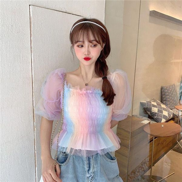 

women's t-shirt one shouldered chiffon shirt with short bubble sleeve and thin belly covering for female students, White