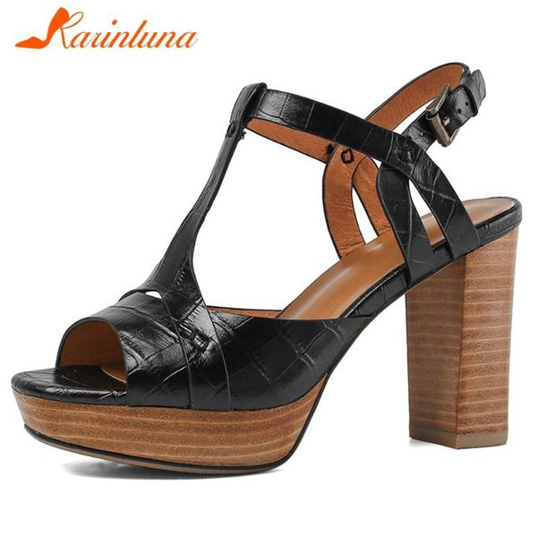 

female genuine leather open toe sandals casual office summer women platform high heels solid shoes woman, Black