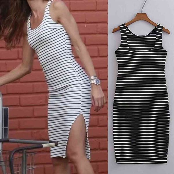

new casual summer dress women stripe print o-neck split sleeveless tank mini dress vestido robe, Black;gray