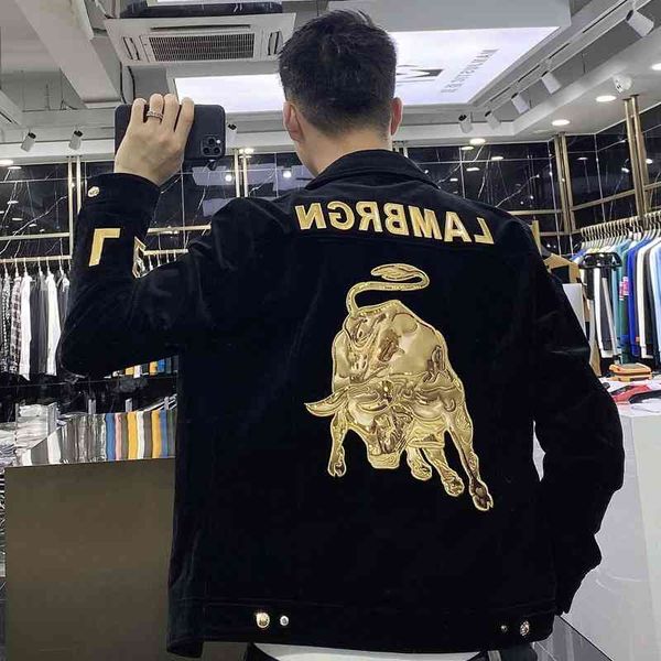 

2021 autumn winter new lapel jacket men's fashion heavy industry embroidery personalized casual corduroy, Black