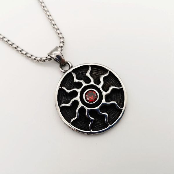 

pendant necklaces red cz stone sun amulet necklace men vintage 316l stainless steel hip hop fashion jewelry, Silver