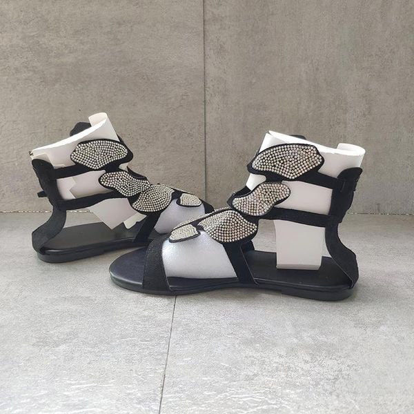 

open flats crystal slides fashion toe rhinestone butterfly ankle slippers female sandals ladies 35-43 women's shoes zipper si weci, Black