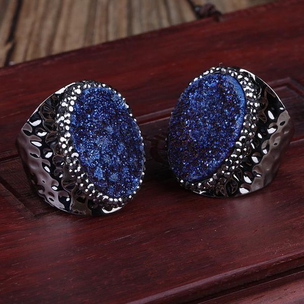 

cluster rings oval multicolor blue natural teardrop druzy stone charm pave rhinestone wide wrap hammered black open ring cuff unisex, Golden;silver