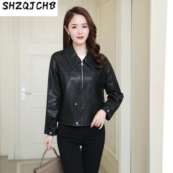 

leather haining coat genuine for women spring and autumn sheepskin motorcycle jacket short co women's & faux, Black