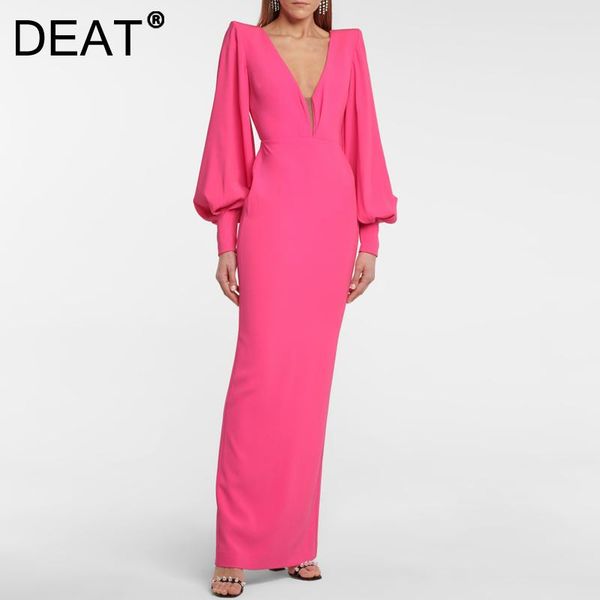 

casual dresses [deat] 2021 autumn fashion tide v-neck high waist ankle-length long sleeve solid color quality dress women 13z1026, Black;gray