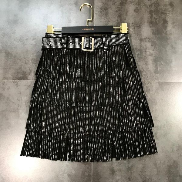 

skirts european design women's high waist with belt sashes rhinestone shinny bling layered tassel fringe short skirt s m l xl, Black