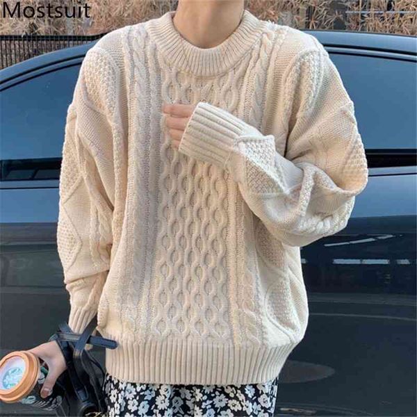 

korean twisted knitted women pullover sweater winter long sleeve o-neck loose solid fashion female jumpers femme 210518, White;black