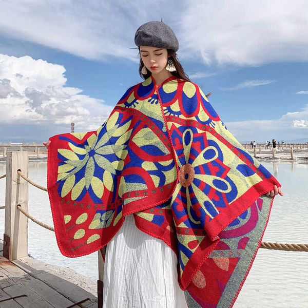 

2021 national style scarf female imitation cashmere slit love autumn and winter outside with sunscreen hooded cloak gift shawl, Blue;gray