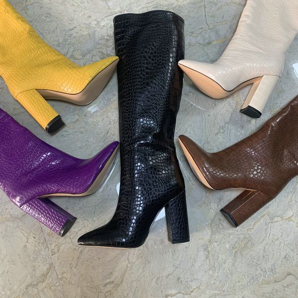 

2020 autumn faux leather women knee high boots pointed toe boots women long chunky block high heel boots size 41 42 43, Black