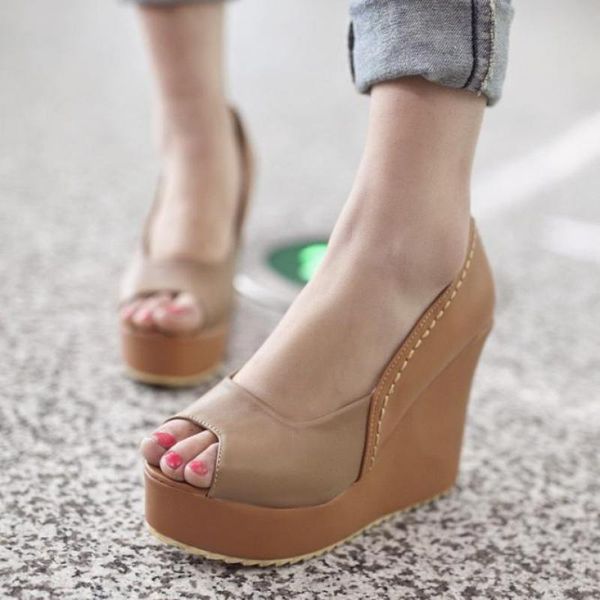

slope heel women's summer 2021 comfortable thick sole high color matching wedges shoes dress, Black
