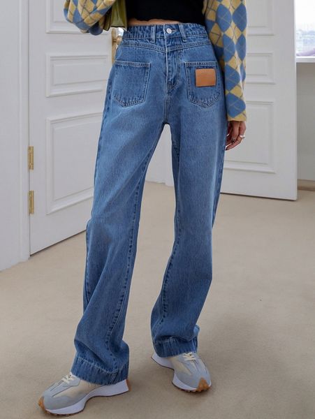 

dazy high waist letter patched detail dual pocket straight leg jeans x7m3#, Blue