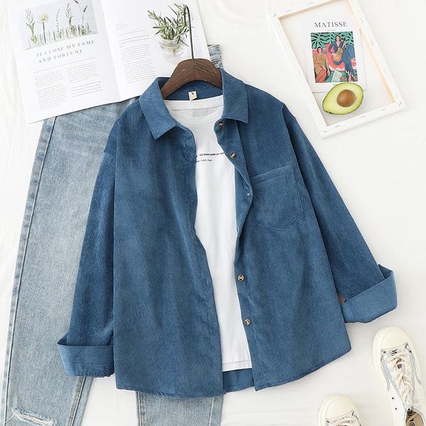 

women's blouses & shirts 2021 spring and autumn solid corduroy shirt blouse korean version simple retro versatile long sleeve loose, White