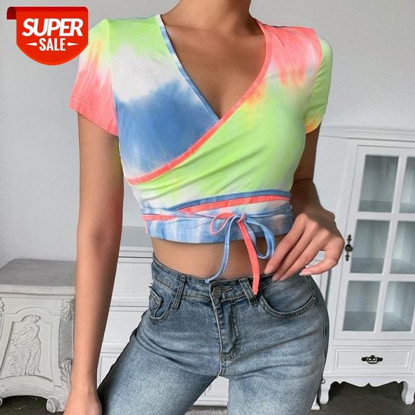 

[in stock]summer style tie-dye t-shirt women 26113p slim lace v-neck exposed umbilical strap base coat #nf0o, White