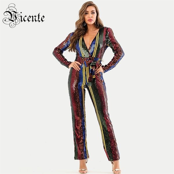 

trendy multi color striped sequins v neck long sleeves sashes design celebrity party jumpsuit 210520, Black;white