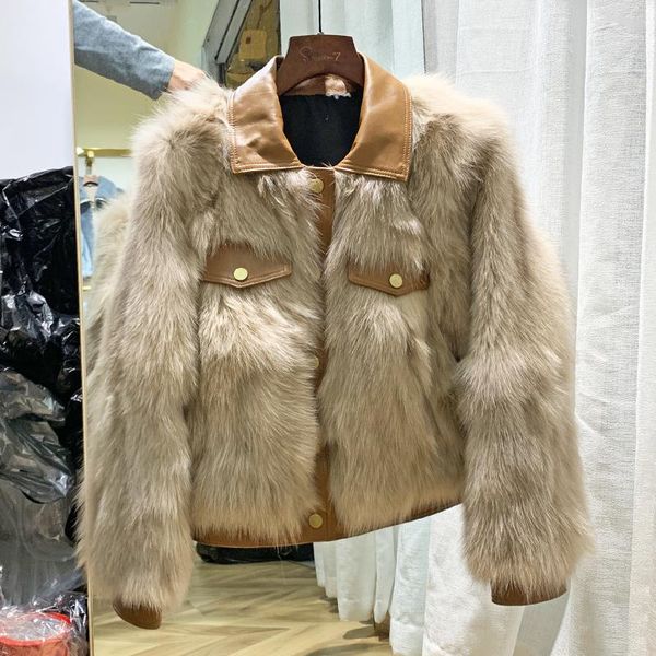 

women's fur & faux winter jacket women real coat natural thick warm locomotive pocket outerwear streetwear, Black