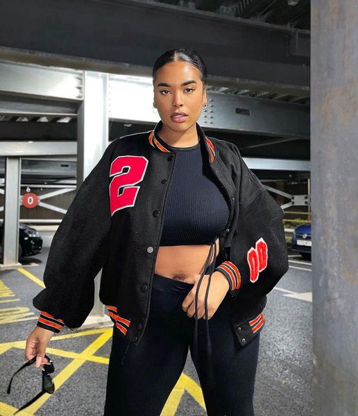 

plus size outerwear & coats women's hip hop baseball suit letter autumn winter coat, Black