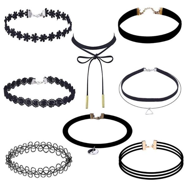 

pendant necklaces 8 pieces choker necklace set stretch velvet classic gothic tattoo lace metal girl festival interesting accessories, Silver