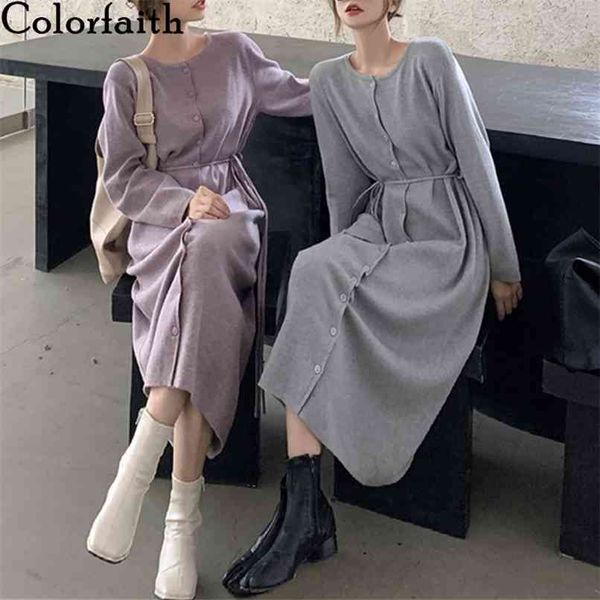 

women's autumn winter dresses korean lace up buttons knitted elegant solid oversize lady long dress dr40000 210427, Black;brown