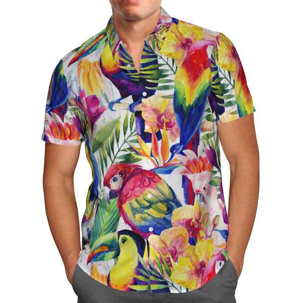 

men's casual shirts parrot flower 3d beach hawaiian 2021 summer shirt short sleeve streetwear oversized 5xl camisa social chemise homm, White;black