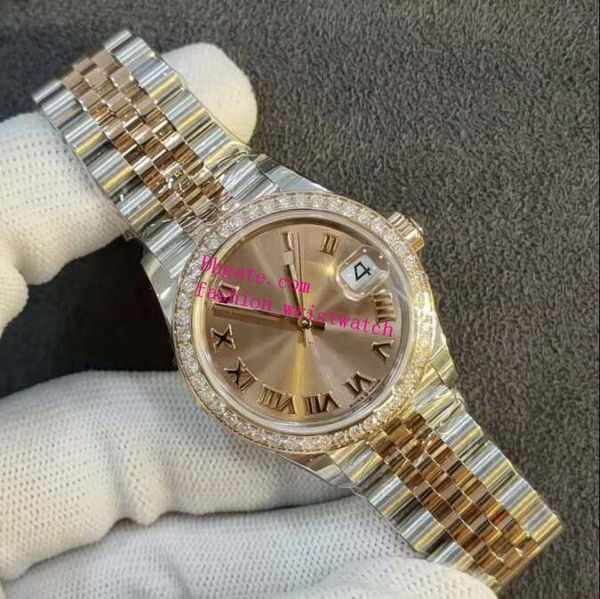 

classic diamond womens watches romens dial 278381rbr 31mm big magnifier sapphire mirror mechanical yellow gold jubilee steel bracelet luxury, Slivery;brown