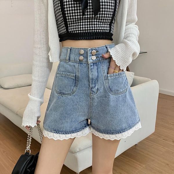 

women's shorts high waist women wide leg lace patchwork retro blue denim summer female loose pocket vintage ladies jeans, White;black