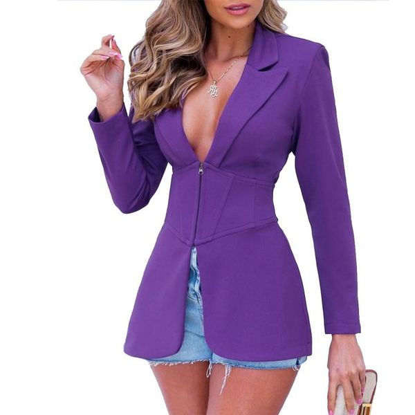 

women's suits & blazers long blazer women full sleeve zipper corset slim tunics jackets autumn solid fashion elegant casual office lady, White;black