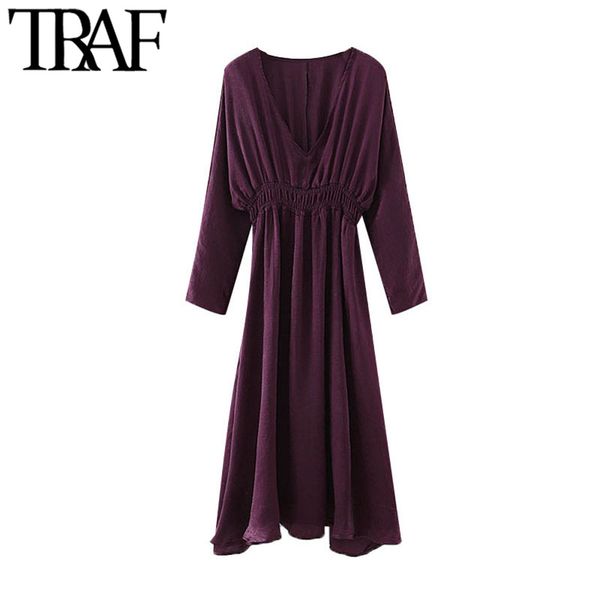 

traf women chic fashion pleated cozy midi dress vintage v neck long sleeve elastic waist female dresses vestidos mujer 210415, Black;gray