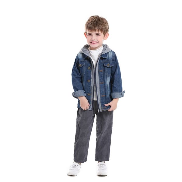 

and winter autumn fashion boys girls full sleeve sporty denim coat zipped hooded fake-two spliced jacket outerwear 211011, Blue;gray