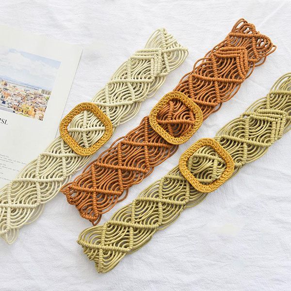 

belts vintage wide bohemian for women square wood buckle woven braided rope belt female casual crochet boho dress waistband, Black;brown