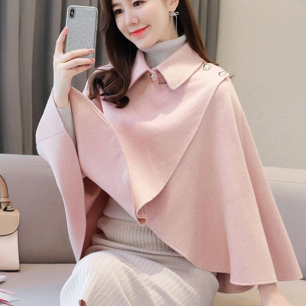 

autumn winter solid color lapel large size woolen button bat sleeve cape cloak versatile korean loose sweet shawl women's jackets, Black;brown