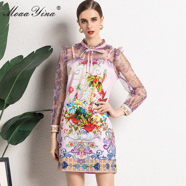 

moaa yina summer fashion runway short dress women mesh patchwork long sleeve floral print vintage party mini 210524, Black;gray