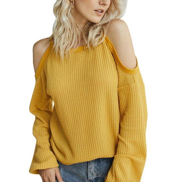 

women lantern sleeve waffle knit sweater halter neck cold shoulder jumper e15e women's t-shirt, White