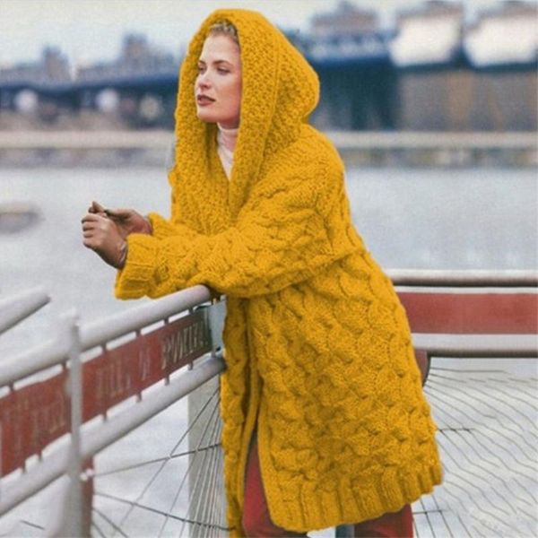 

women's knits & tees solid color long-sleeved woven knitted cardigan hooded sweater coat autumn winter loose ladies oversized, White