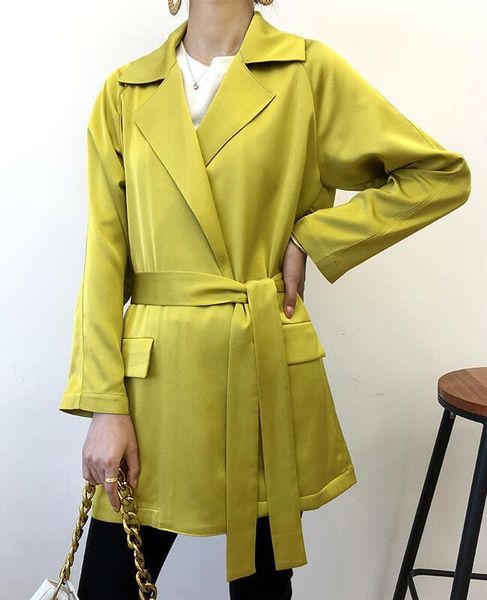 

women's trench coats elfbop ladies viscose lapel short coat with waist ties, Tan;black