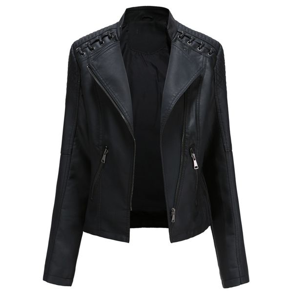 

women's leather & faux motorcycle leather jacket, tight jacket with back neck and zipper, black, large, spring autumn