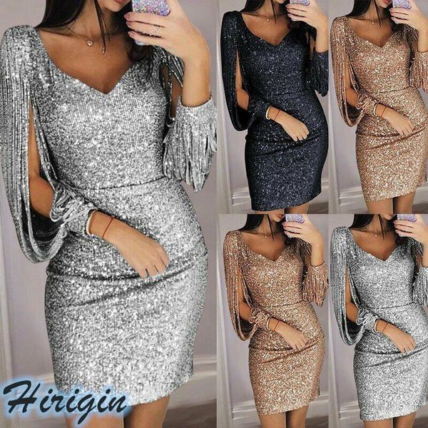 

summer dresses 2021 elegant women long sleeve v neck high waist skinny sequined mini dress casual, Black;gray