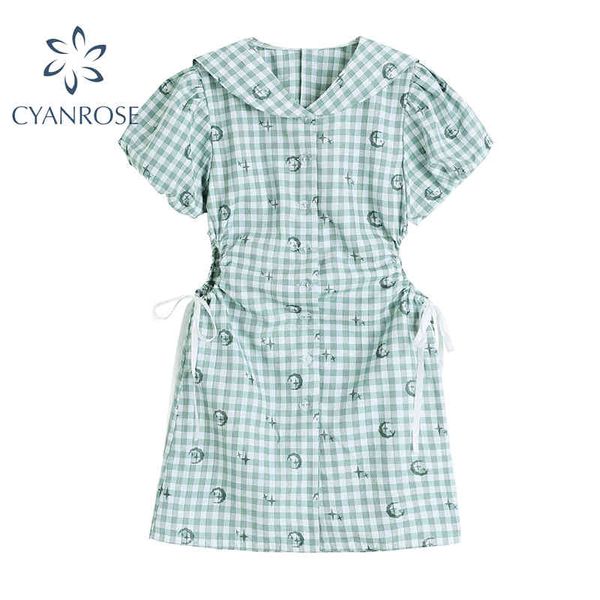 Total de manta verde para cima camisa de camisa mulheres vestidos verão marinheiro colar soprar manga escavada lua impressão mini vestido fêmea 210417