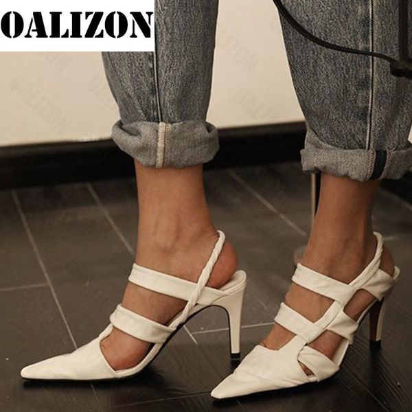

rimocy pu leather strap thin heels pumps women 2021 fashion hollow out pointed toe party shoes woman slip on rome sandals female, Black