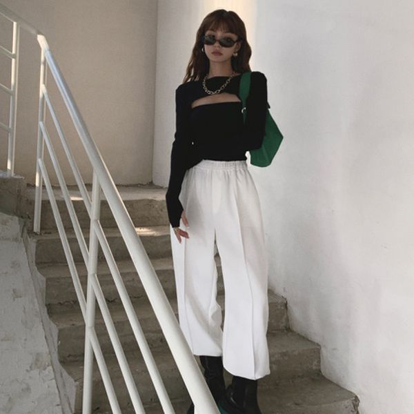 

lucyever winter casual sweatpants woman high waist elastic harem pants women korean style slim all match trousers mujer 210521, Black;white