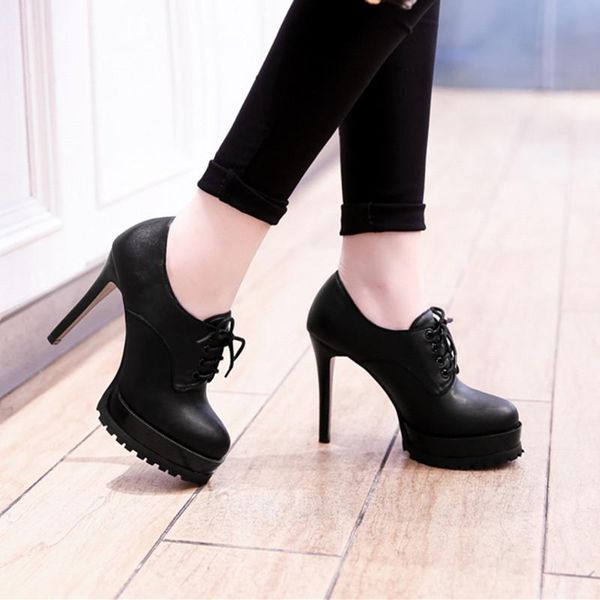 

dress shoes high heels platform woman 2021 spring stiletto heel lace up ladies pumps round toe black office for women