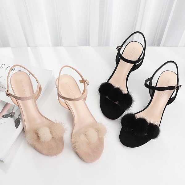 

dress shoes summer women sandals open toe suede office round head 6.5cm women's thin heel, Black